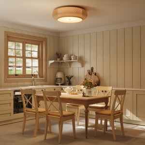 bamboo ceiling light above a wooden dining table