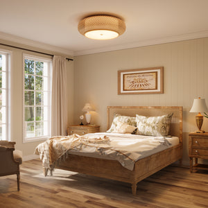 bamboo rattan ceiling light in a neutral bedroom