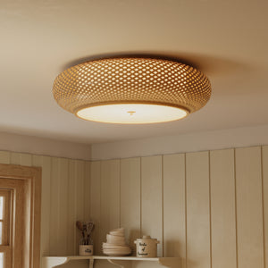 close-up of a bamboo ceiling light with woven shade