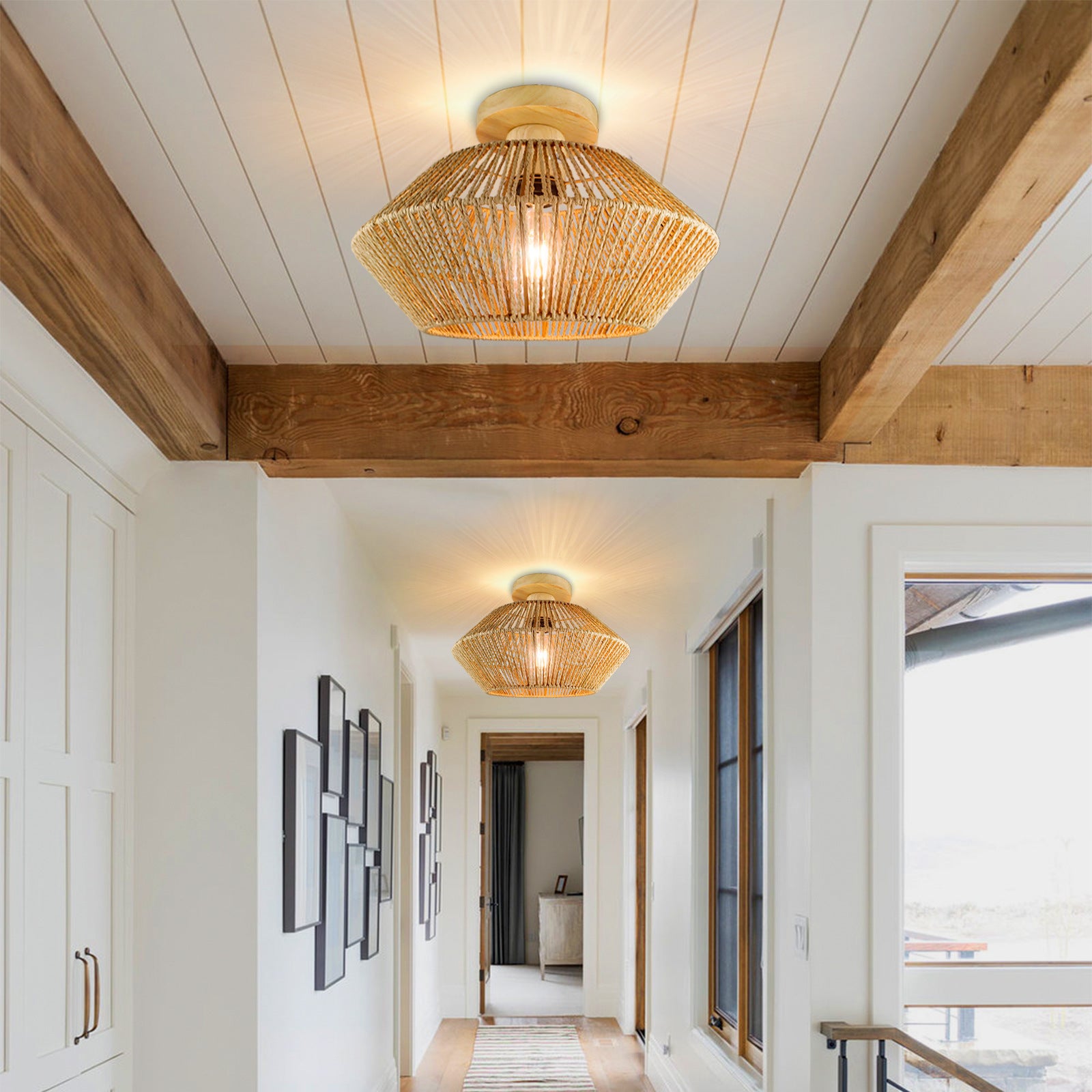 Rustic Hemp Rope Flush Ceiling Light – Handwoven Rattan Fixture for Hallways & Entryways