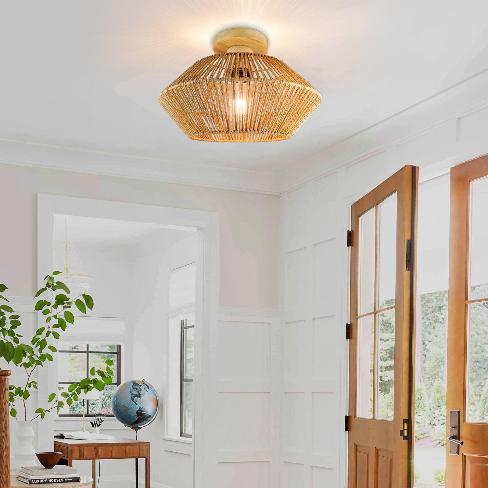 Rustic Hemp Rope Flush Ceiling Light – Handwoven Rattan Fixture for Hallways & Entryways