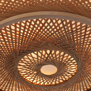 lit underside of a woven rattan ceiling light