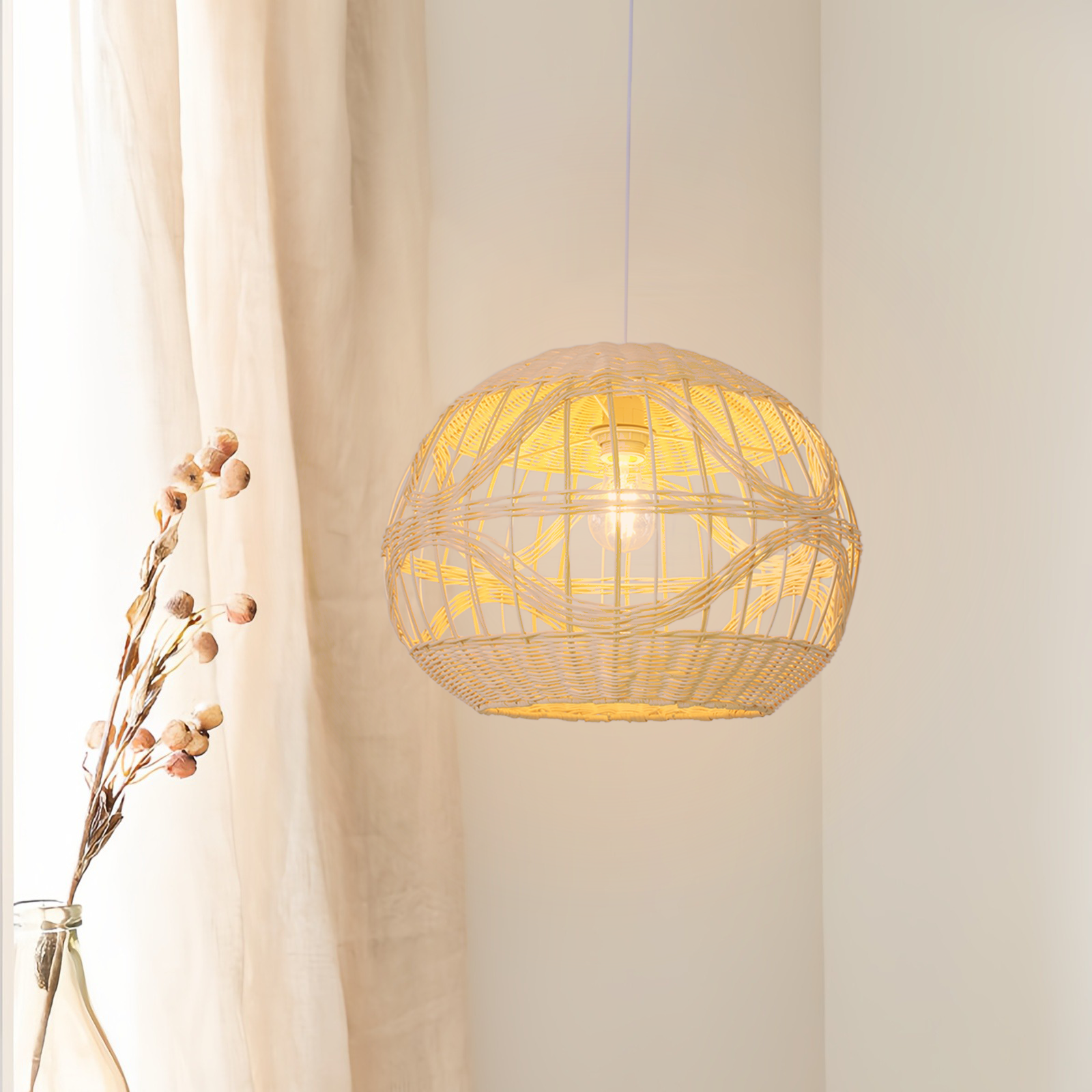 Sustainable Handwoven Spherical Rattan Pendant Light with Wave Details