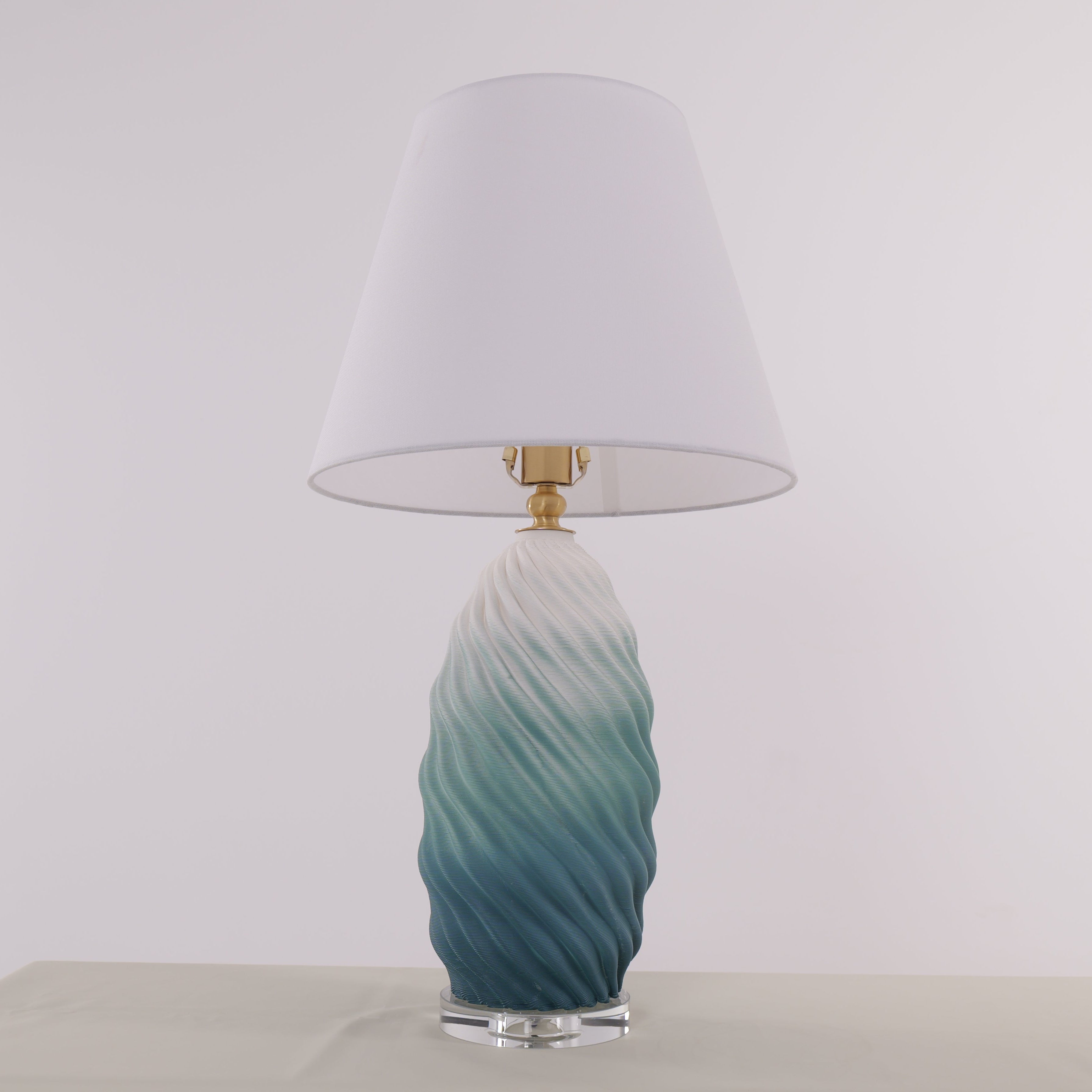 3D Blue Green White Gradient Threaded Ceramic Table Lamp with Fabric Shade