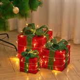 3-Piece Christmas Decor Gift Box Set | Linen-Wrapped Square Boxes with Fairy Lights