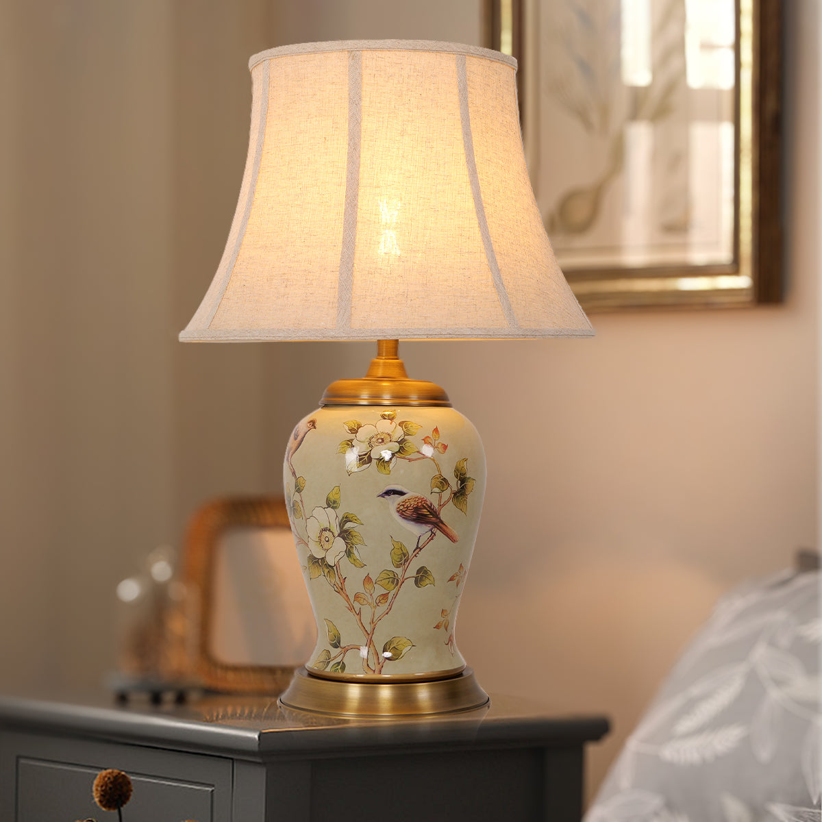 Handmade Vintage Ceramic Bird Floral-Pattern Table Lamp with Fabric Shade for Living Room and Bedroom
