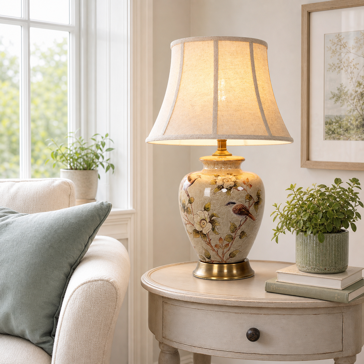 Vintage Ceramic Bird-Pattern Table Lamp – Hand-Painted, Brass Base with Fabric Shade for Living Room & Bedroom