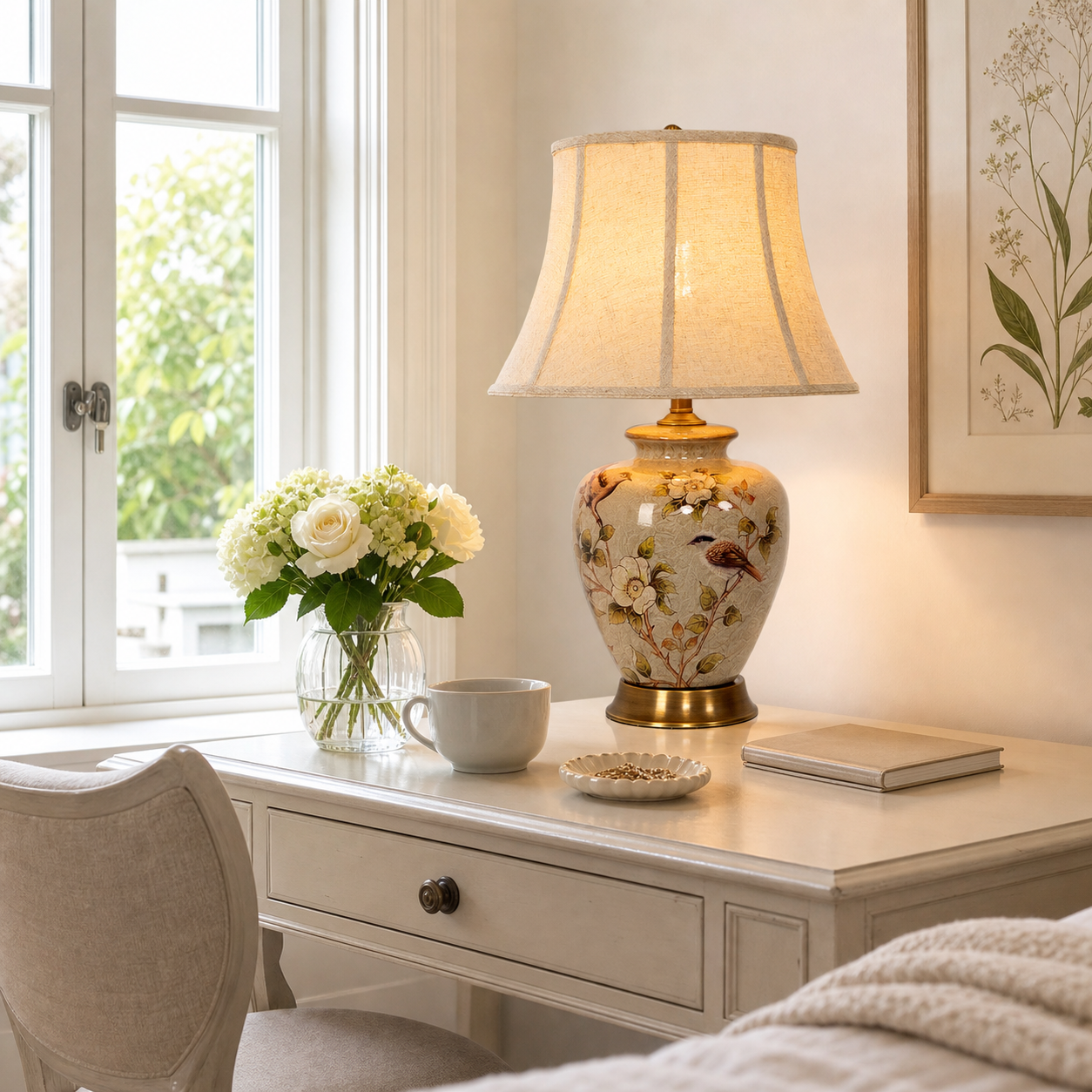 Vintage Ceramic Bird-Pattern Table Lamp – Hand-Painted, Brass Base with Fabric Shade for Living Room & Bedroom