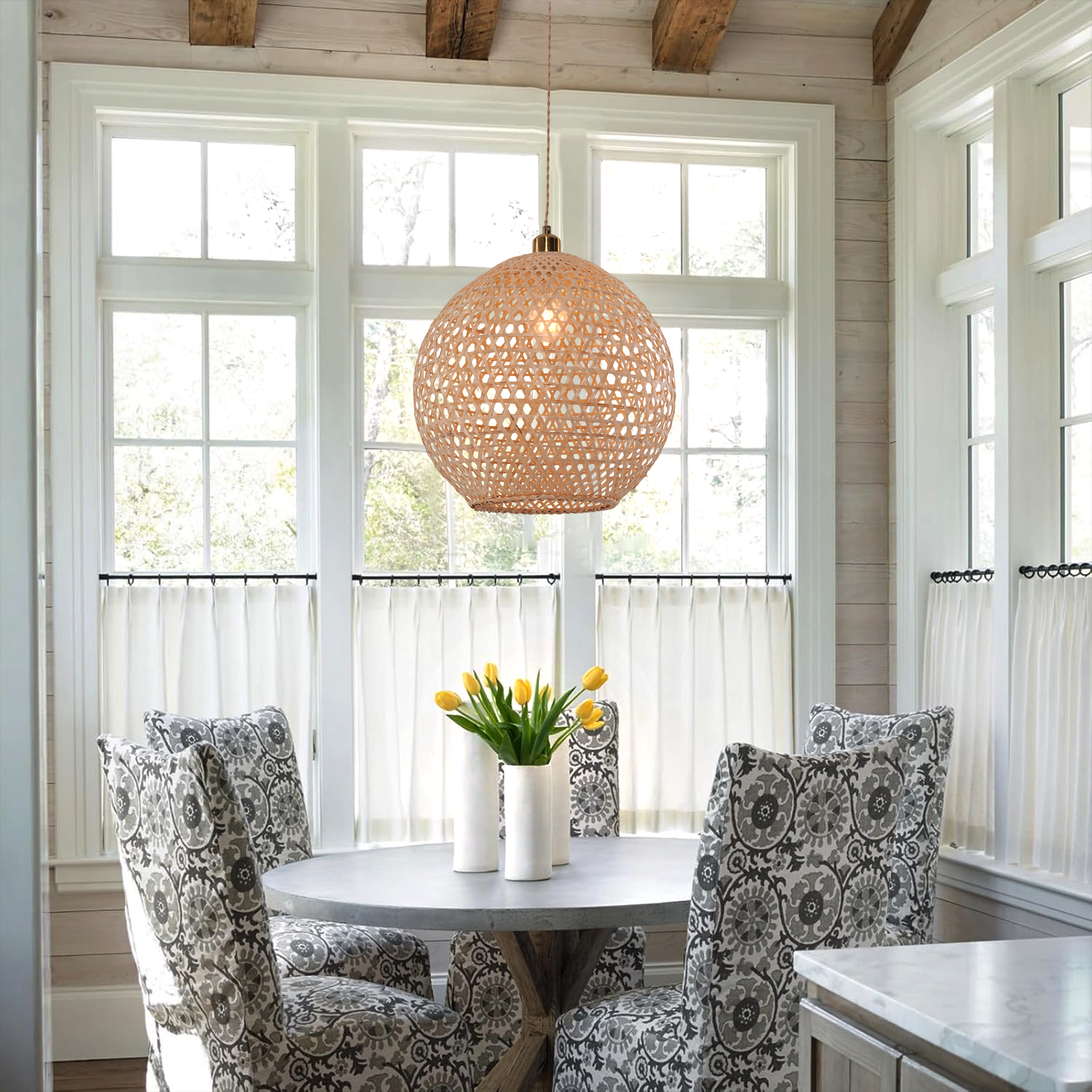 Natural Bamboo Pendant Light with Handwoven Lampshades in Four Sizes