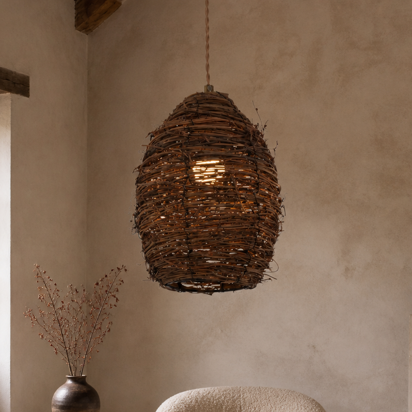 Handcrafted Rustic Woven Rattan and Iron Pendant Light