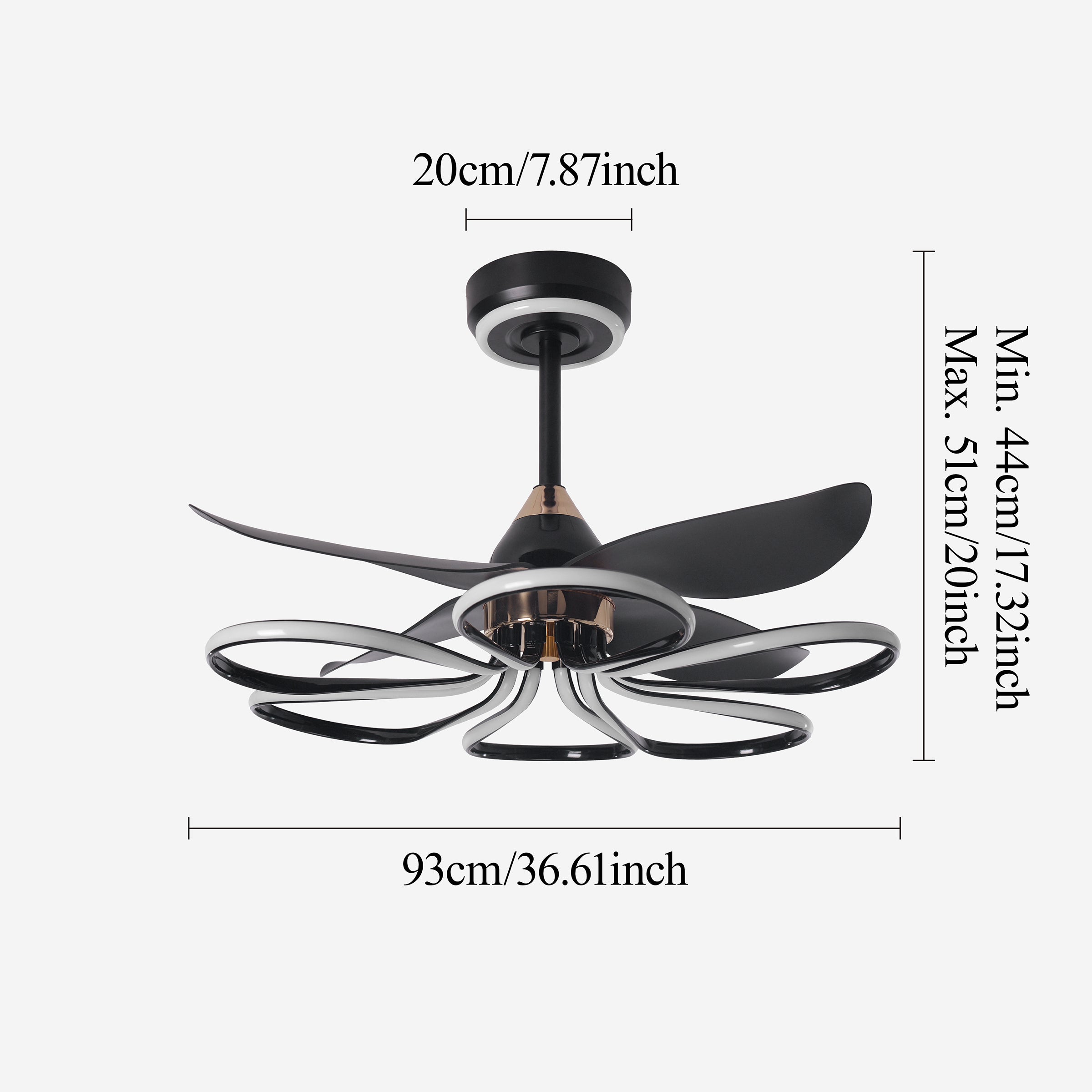 36-inch Black Modern Petal LED Ceiling Fan with Light - 6-Speed with Remote Control