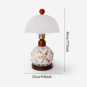 seashell mosaic table lamp with close-up shade and base details