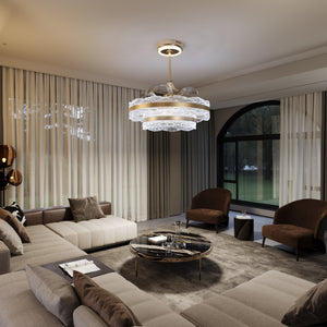 Acrylic Adjustable Colour Temperature Fan Light with Remote & Timer light in a living room