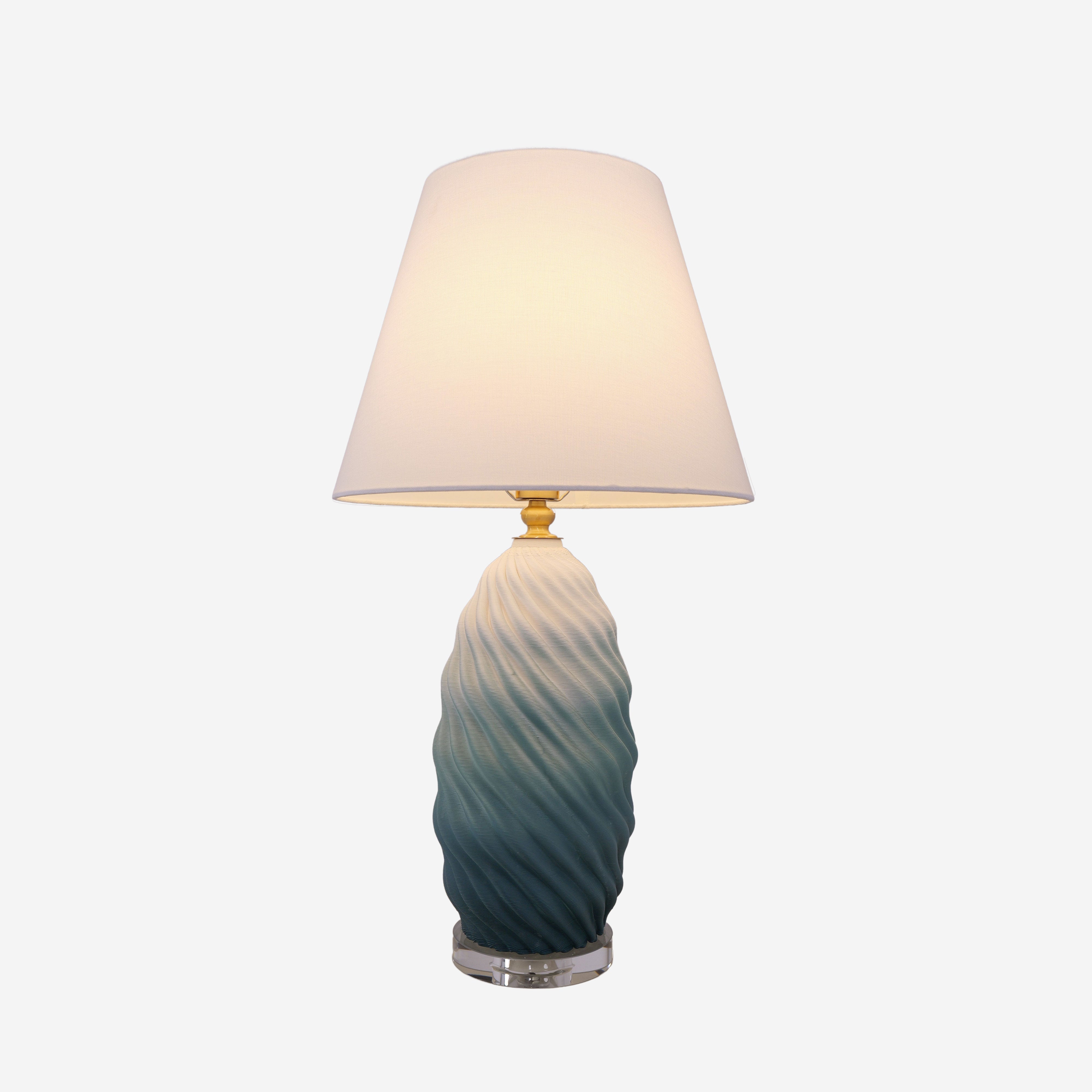 3D Blue Green White Gradient Threaded Ceramic Table Lamp with Fabric Shade