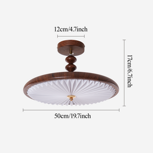 walnut pleated flush ceiling light shown as a clean product view