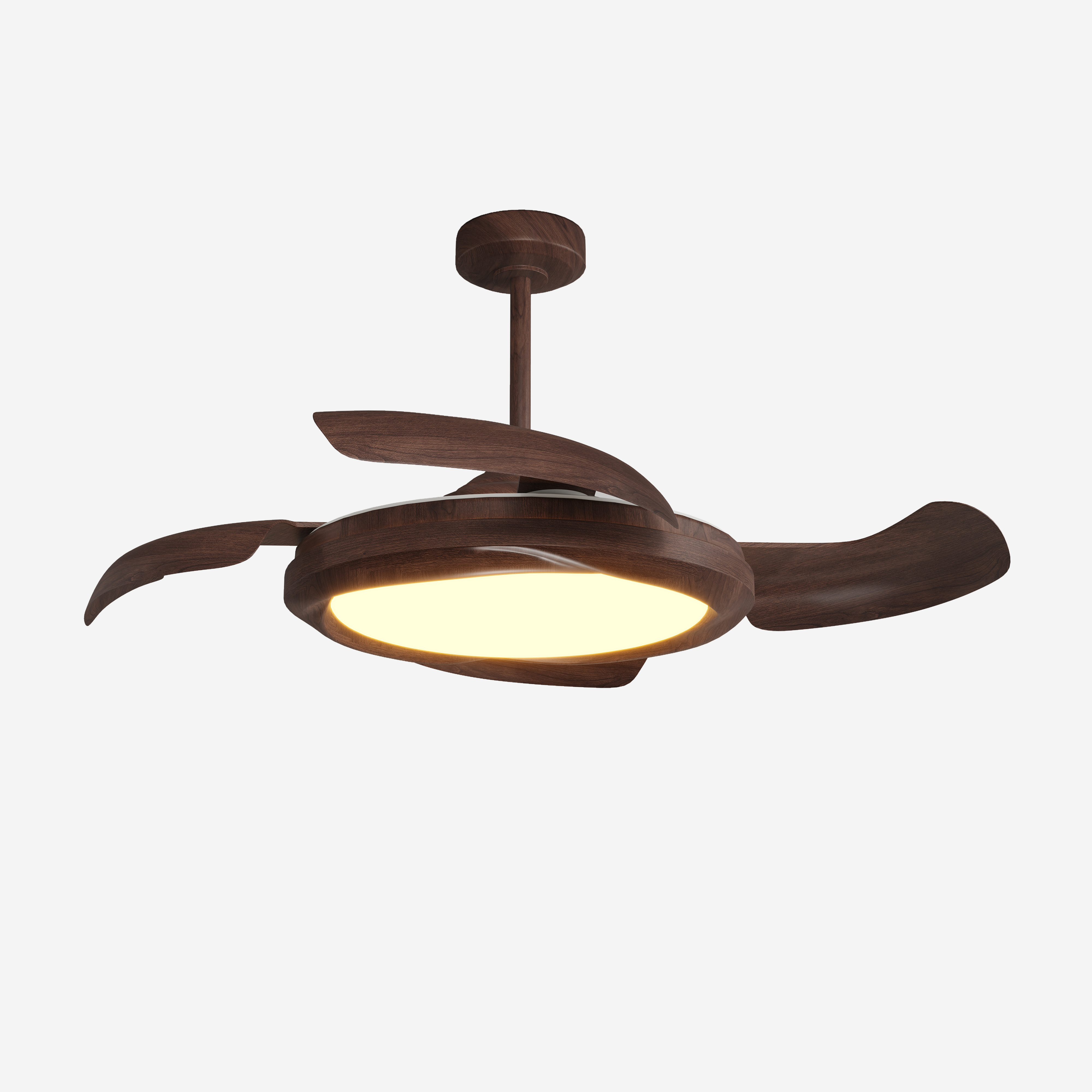 Walnut effect LED ceiling fan light with warm diffuser and retractable wood-grain blades