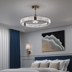 Decorative gold ceiling fan with light and crystal chandelier style detail