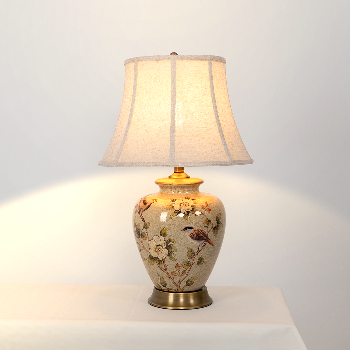 Vintage Ceramic Bird-Pattern Table Lamp – Hand-Painted, Brass Base with Fabric Shade for Living Room & Bedroom