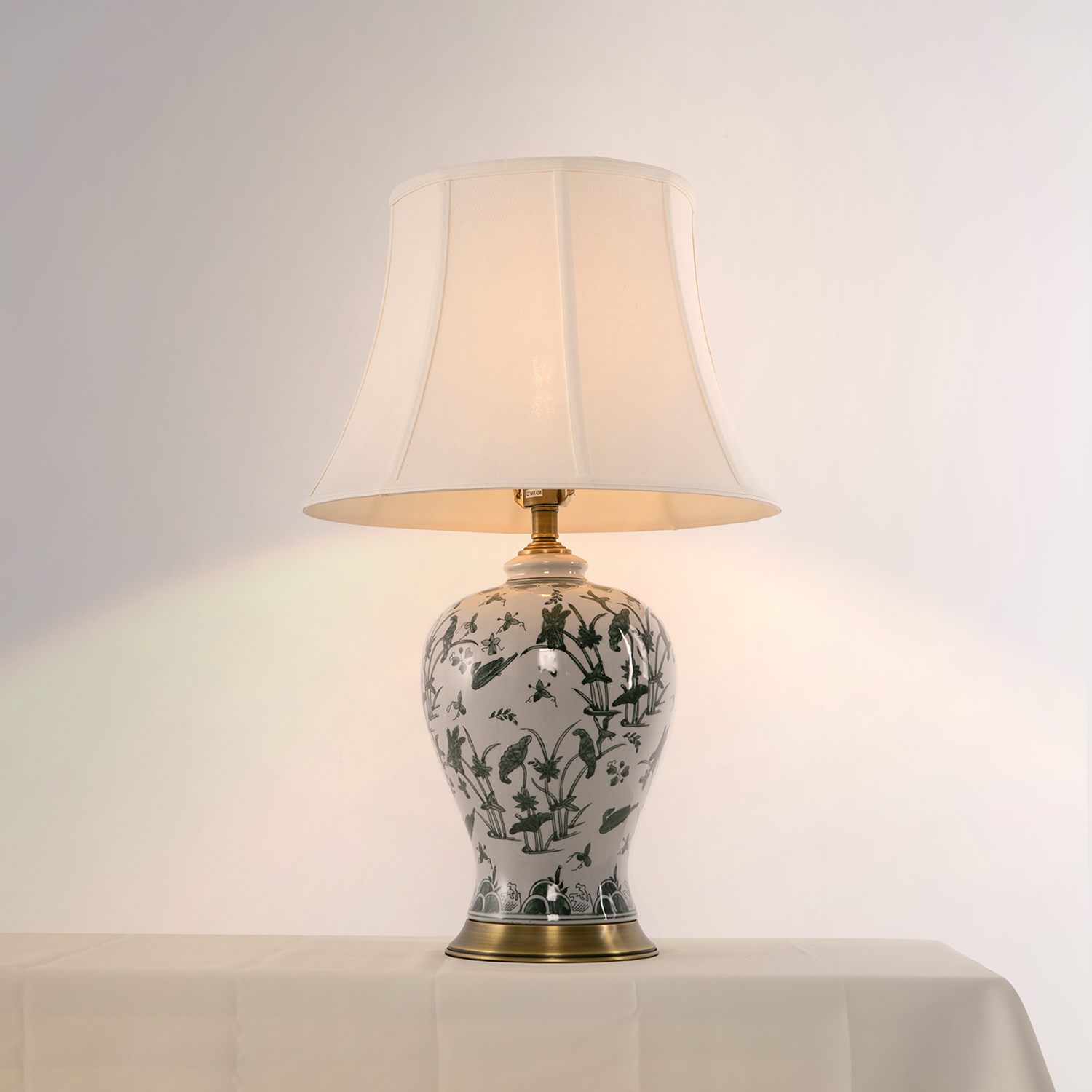 Classic Hand-Painted Ceramic Table Lamp with Lotus Pond Design and Antique Brass Base