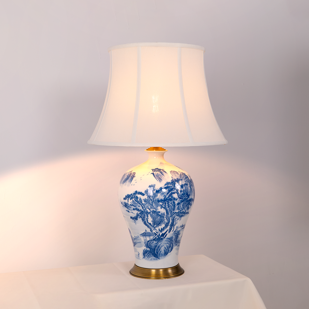 Classic Blue and White Ceramic Table Lamp with Fabric Shade