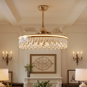 Ceiling Fan with Light Gold Crystal Design & Adjustable Color light on a bedroom bedside