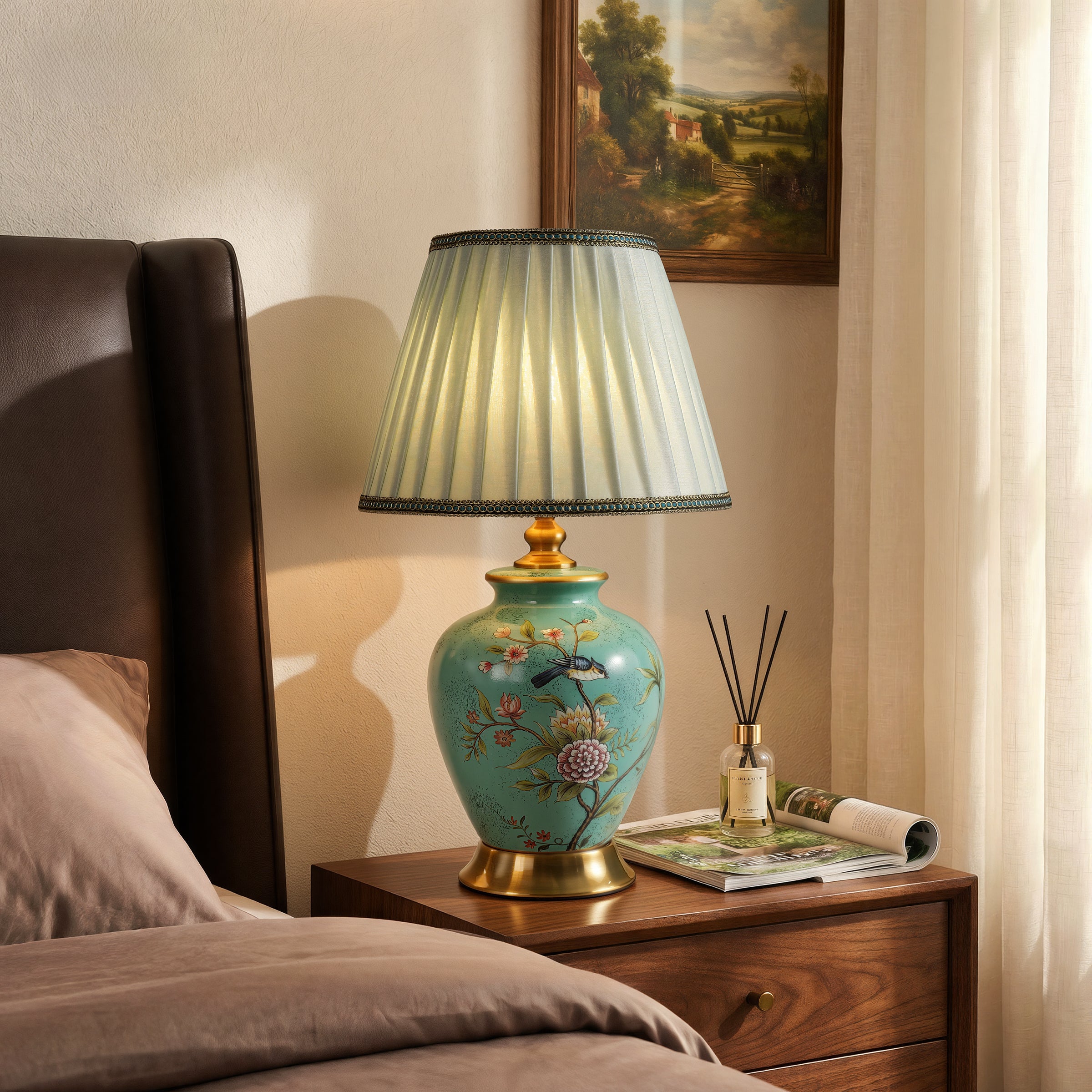 Turquoise Chinoiserie Hand-Painted Ceramic Table Lamp table lamp on a bedroom bedside