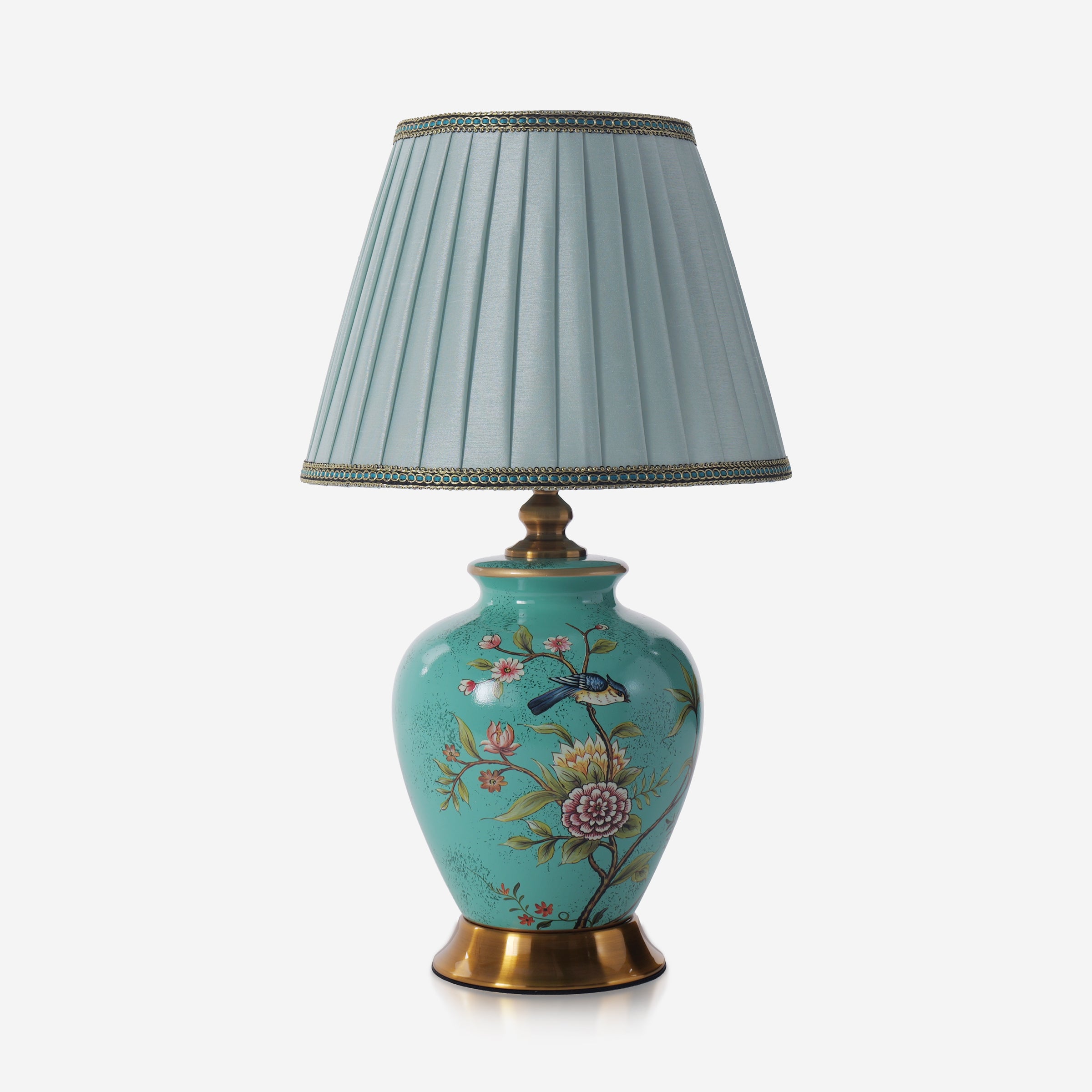 Turquoise Chinoiserie Hand-Painted Ceramic Table Lamp table lamp on white