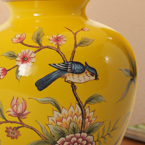 Close-up detail of Yellow-Single Bird Chinoiserie Hand-Painted Ceramic Table Lamp table