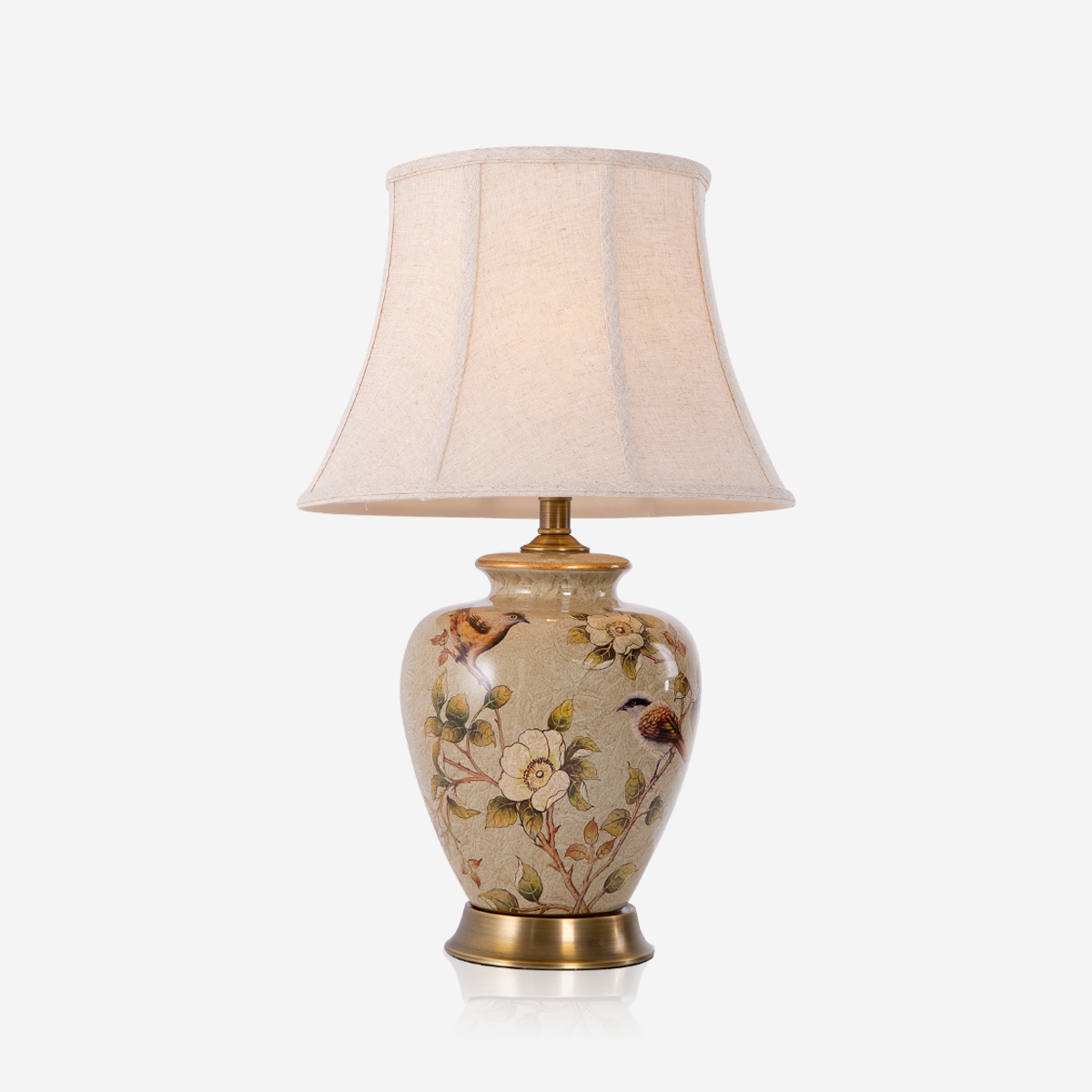 Vintage Ceramic Bird-Pattern Table Lamp – Hand-Painted, Brass Base with Fabric Shade for Living Room & Bedroom