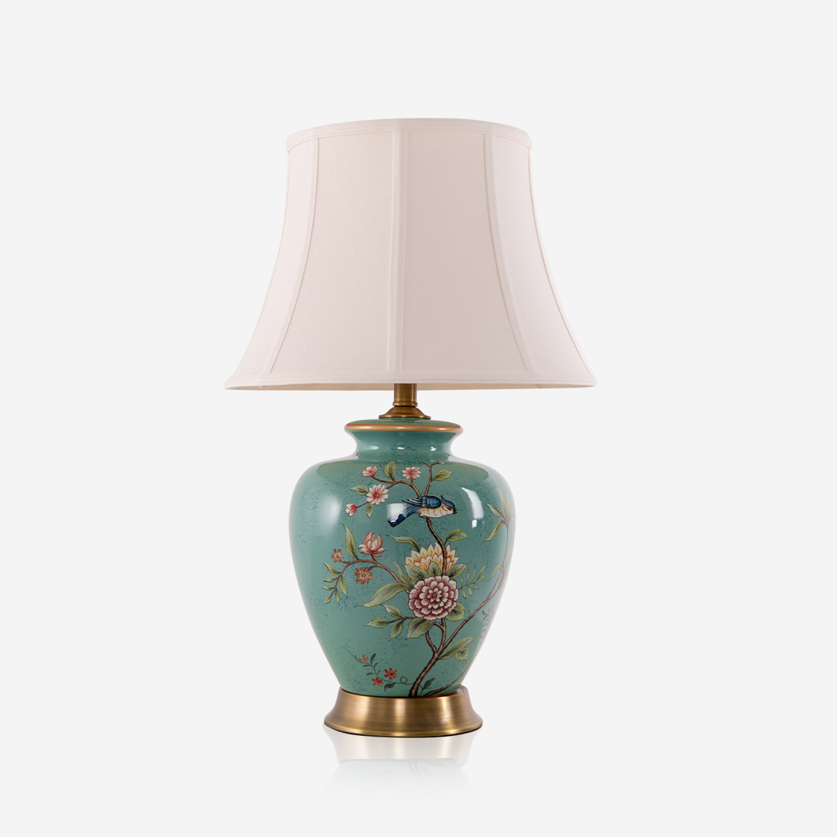 Vintage Green Floral Ceramic Table Lamp with Fabric Shade for Living Room & Bedroom