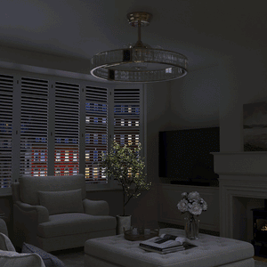 Gold crystal ceiling fan light showing remote controlled fan and lighting functions