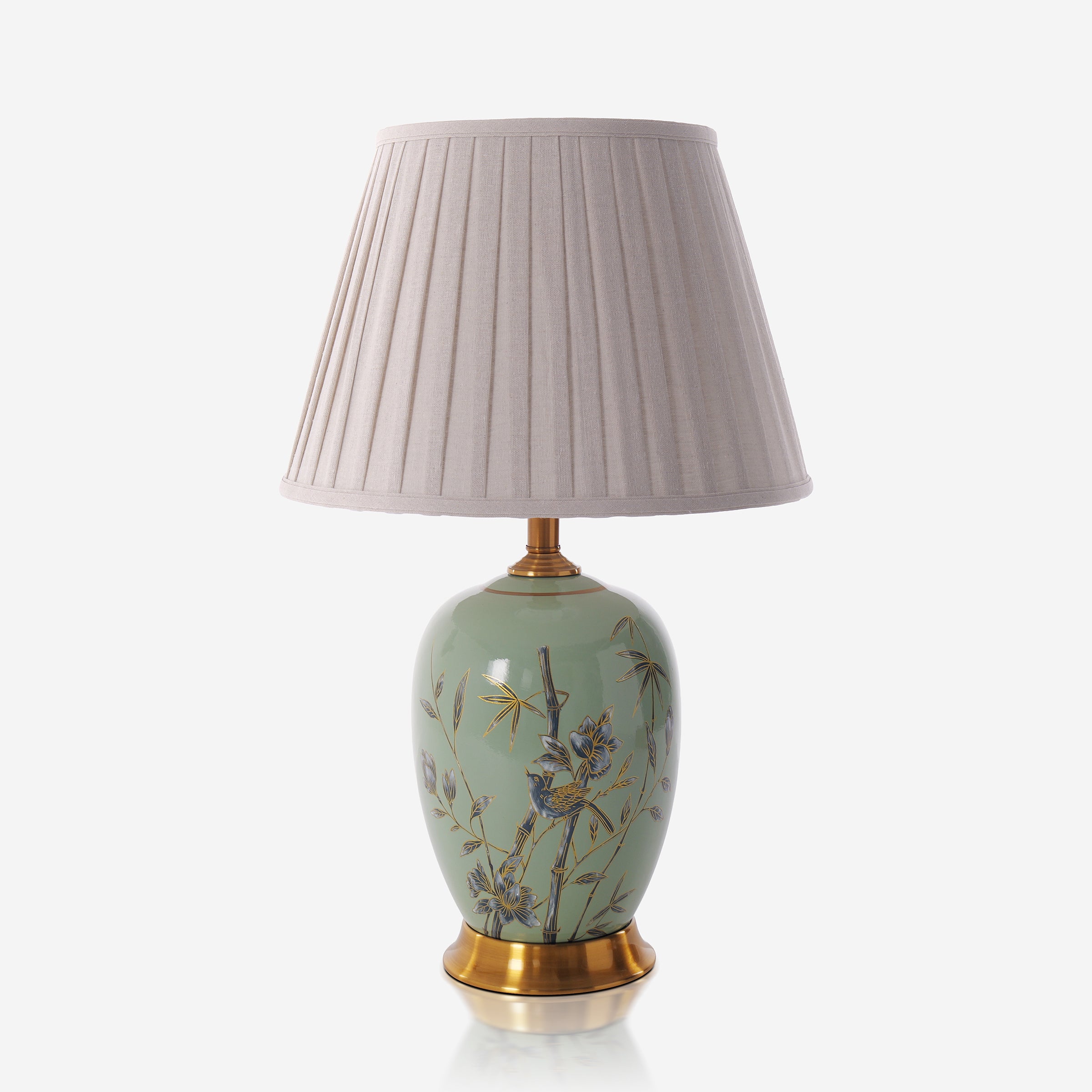 Green Bamboo & Bird Ceramic Table Lamp with Seamless Dimming
