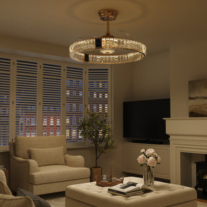 60cm gold crystal fan light for compact bedrooms and dining spaces