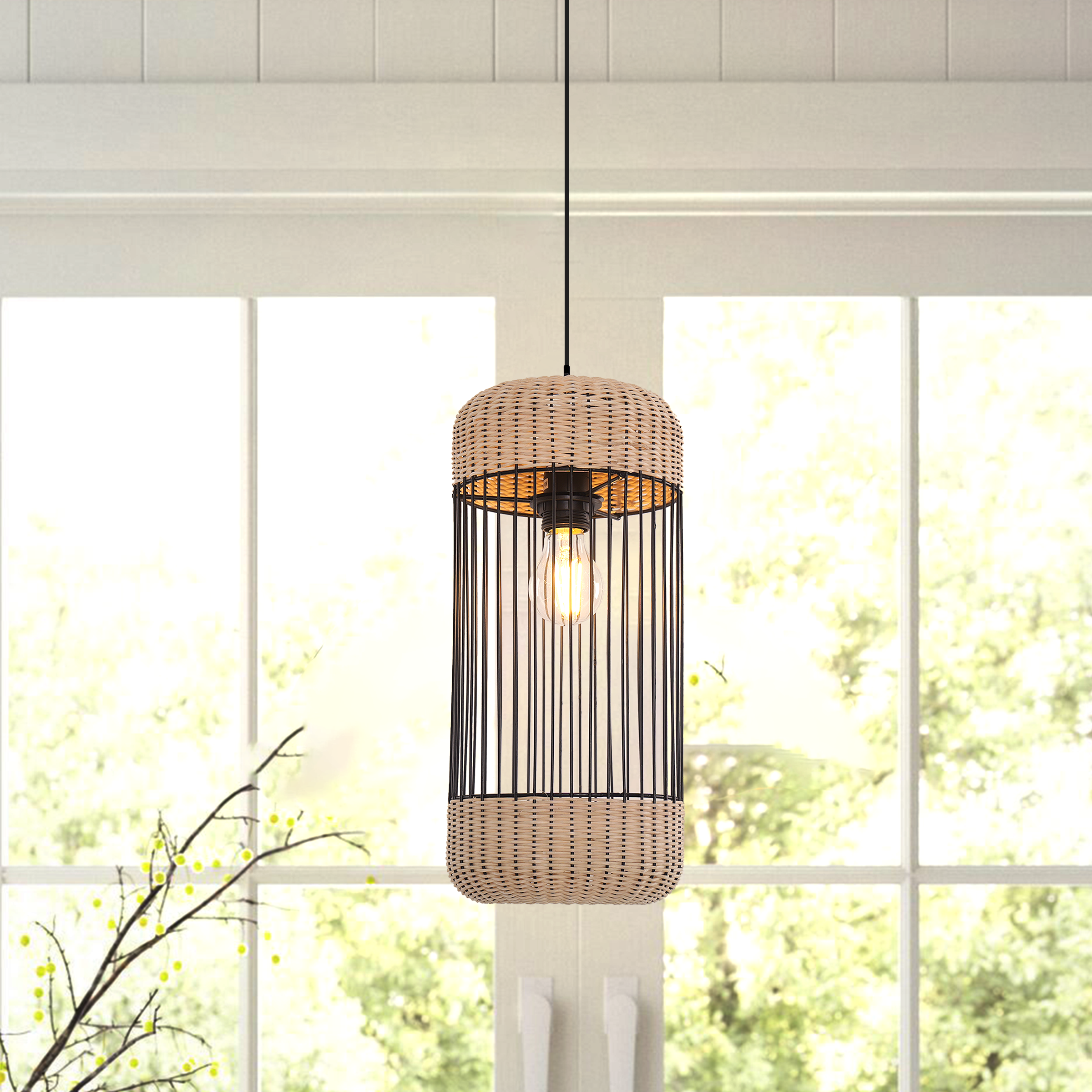 Glyph-Iron Rattan Pendant Light Cylindrical Shape Suitable for Kitchen Island & Bedroom