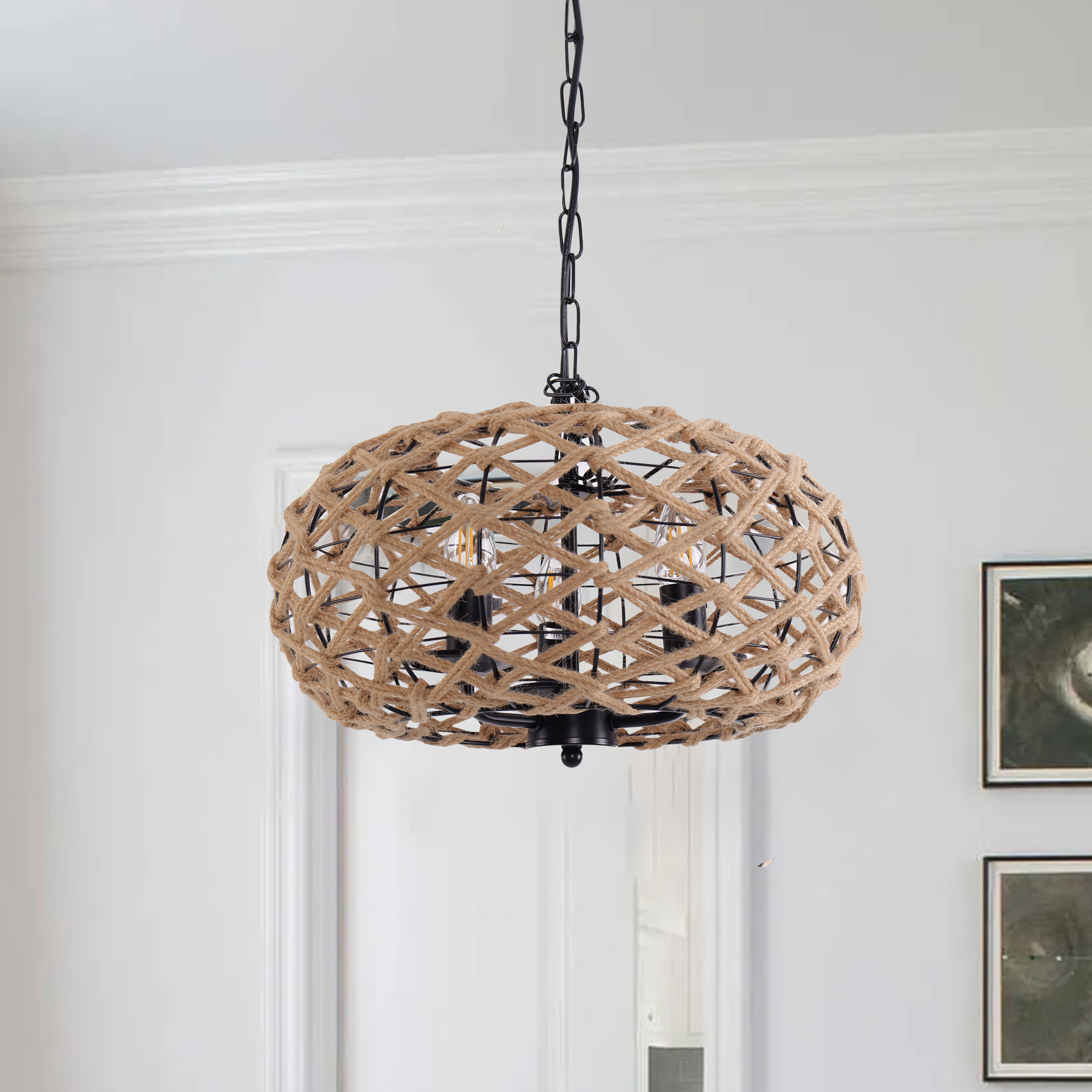 Rustic Globe Ceiling Pendant Light with Hemp Rope and Iron Frame – Kitchen & Dining Room Lighting Fixture