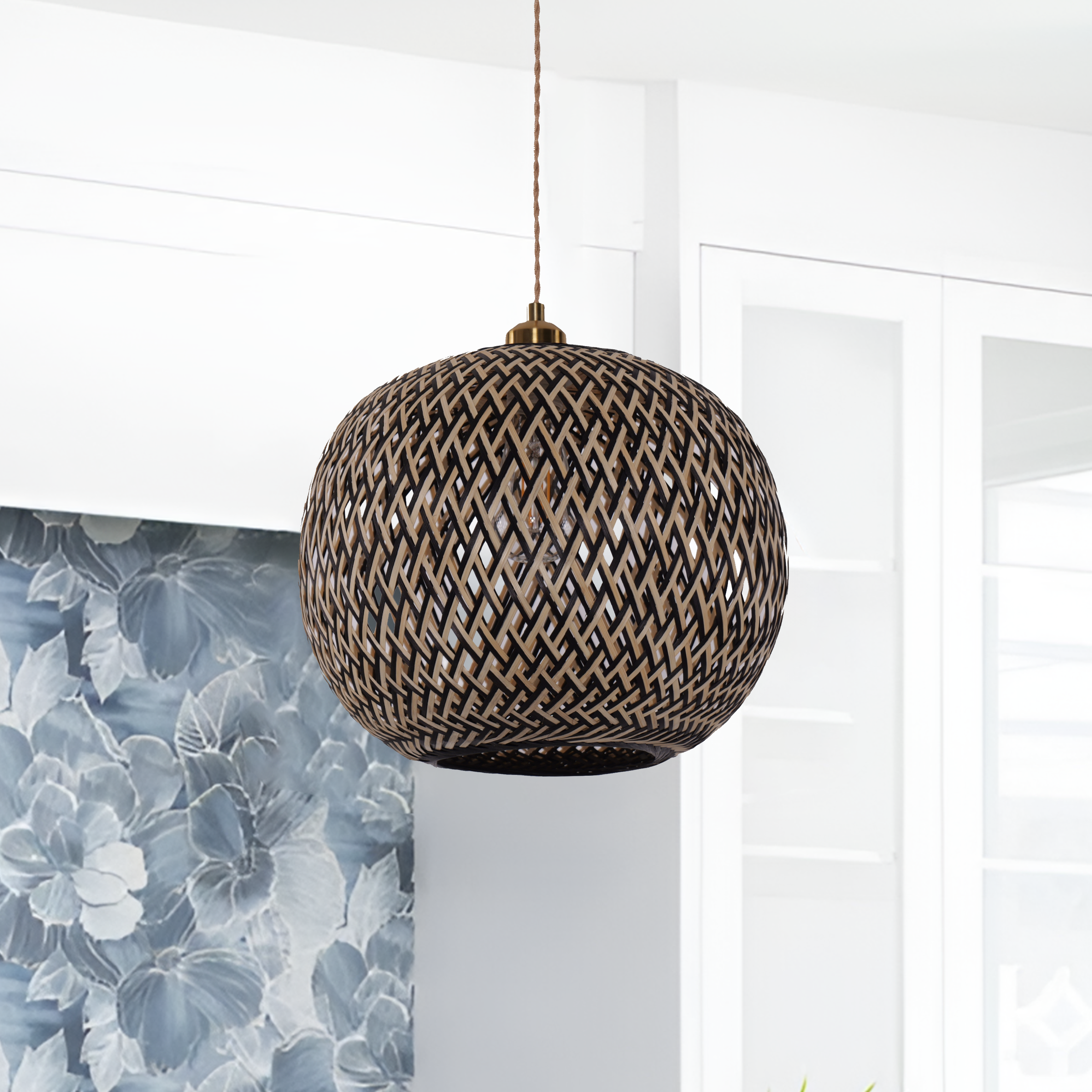 Modern Black Bamboo Pendant Light – Handwoven Natural Ceiling Light for Living Room & Kitchen Island