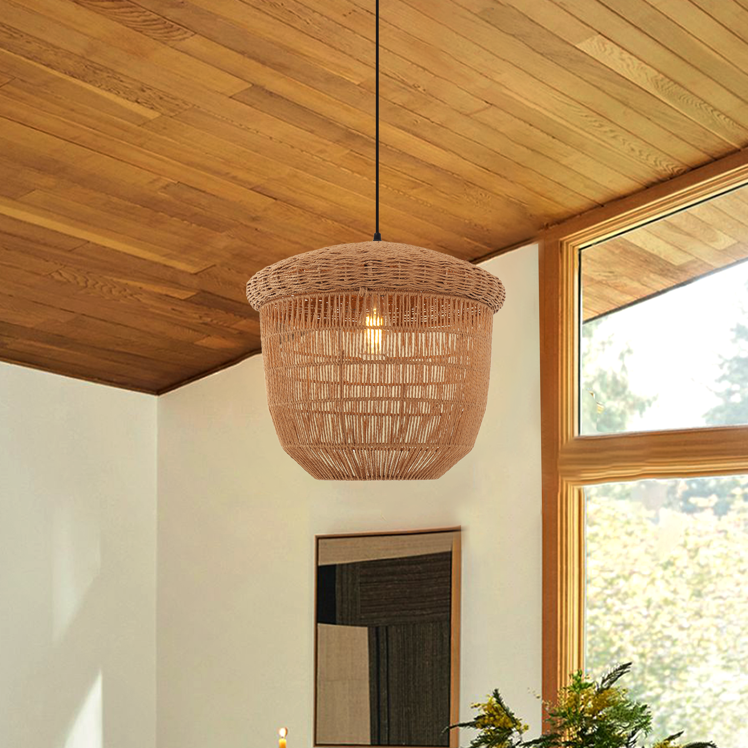 40cm Rustic Paper Rope & Iron Basket Pendant Ceiling Light