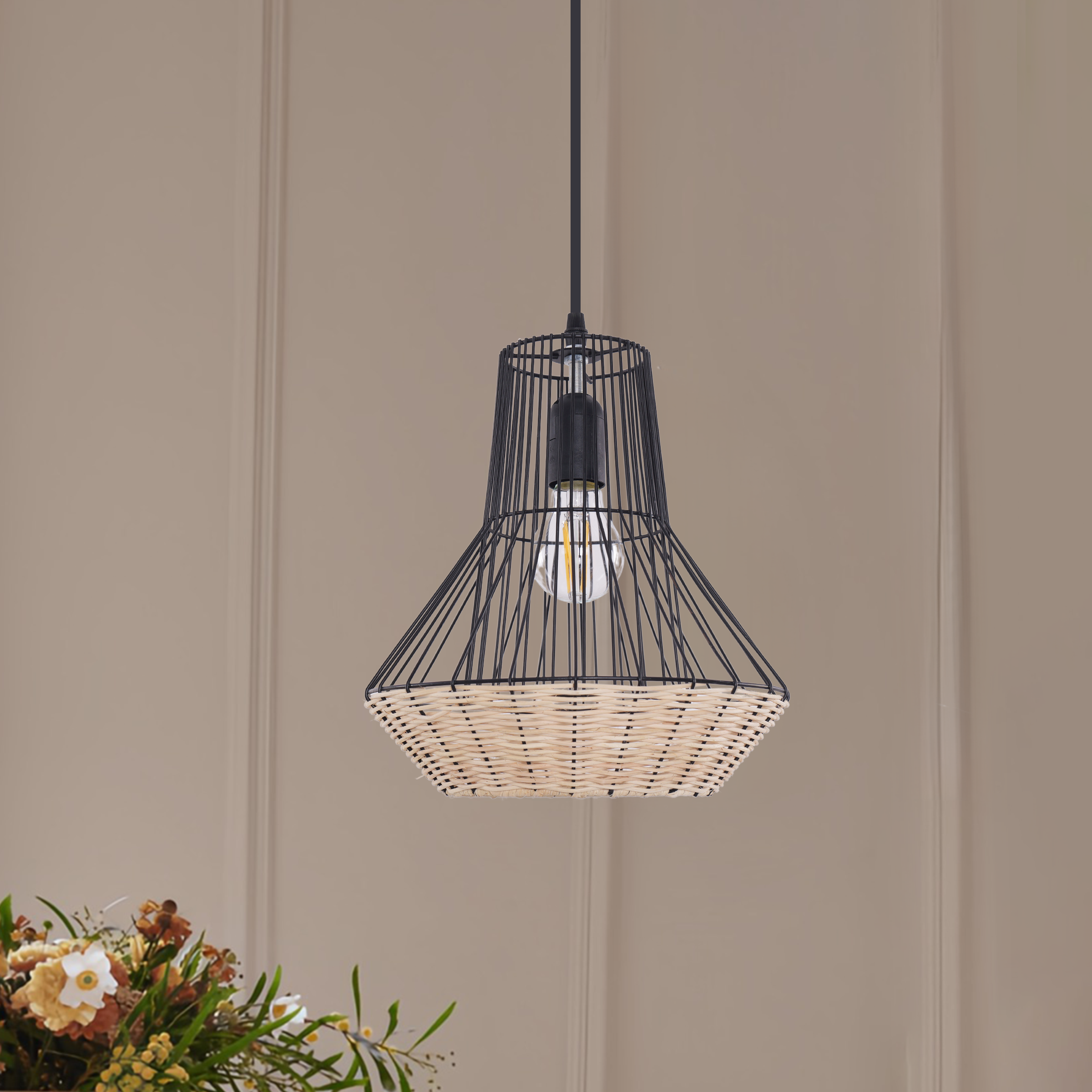 Geometric Rattan and Iron Pendant Light for Dining, Kitchen, and Living Rooms