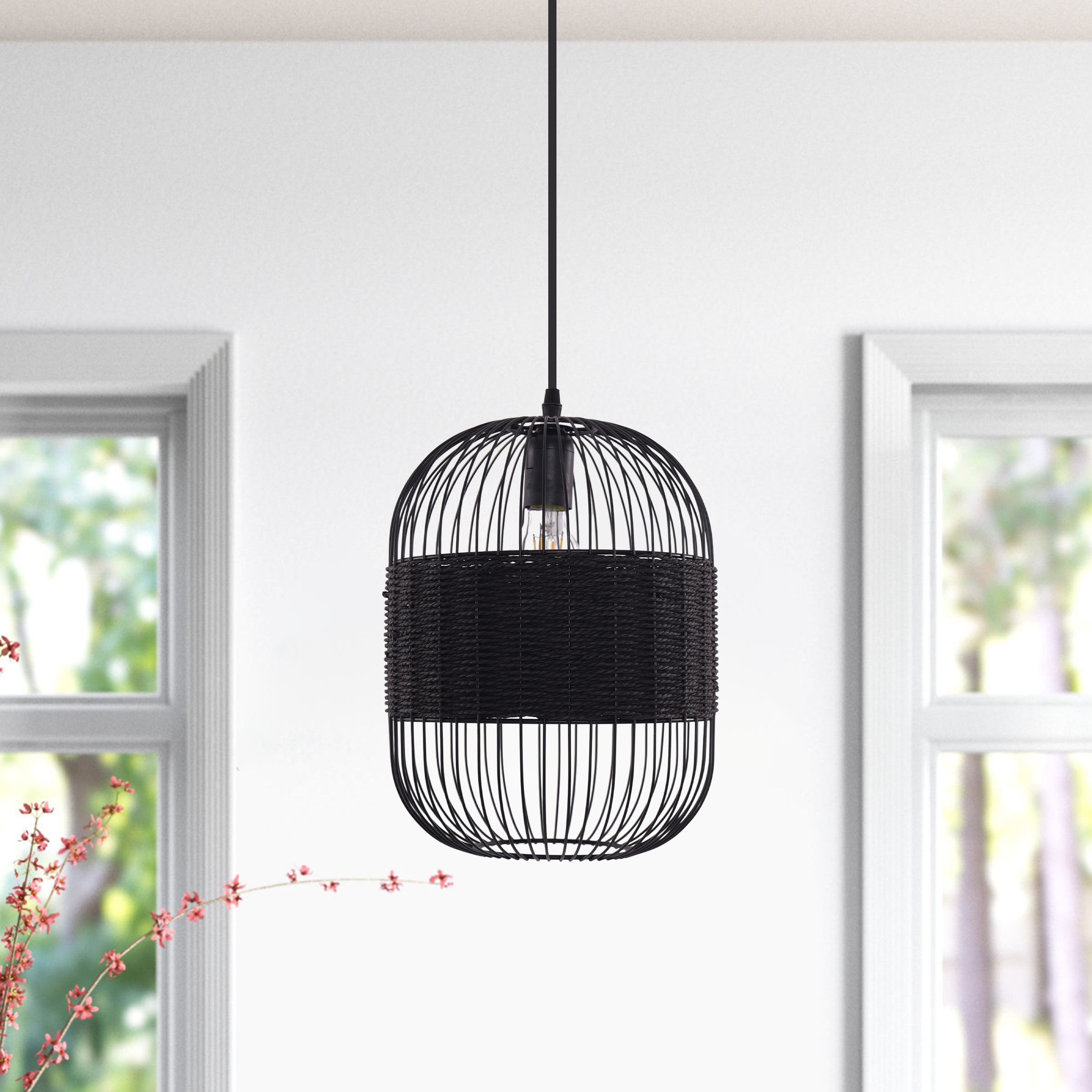 Black Handcrafted Pendant Light Industrial Rattan Design for Home Décor