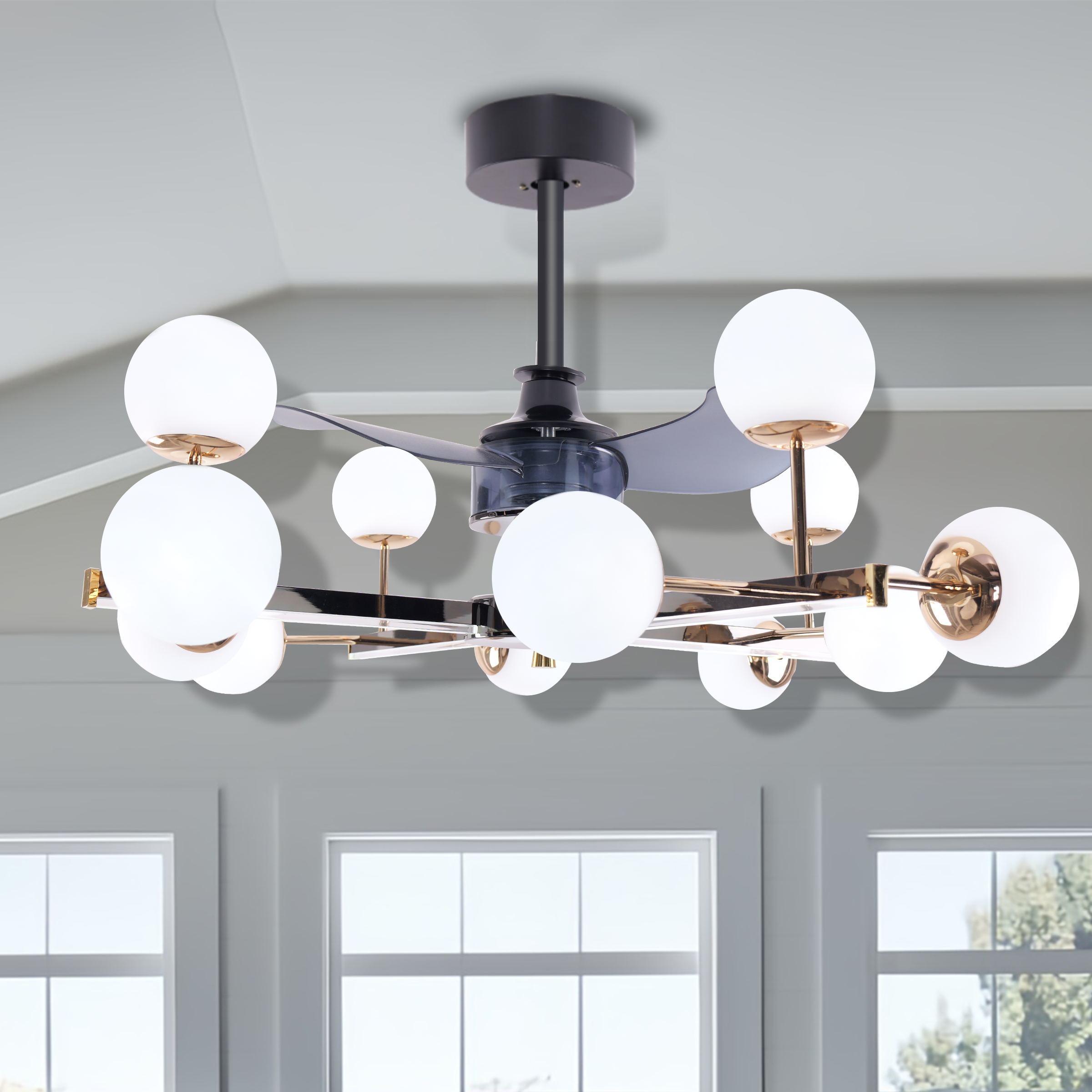 Modern Sphere 3-Blade Ceiling Fan Light with Black & Gold Finish