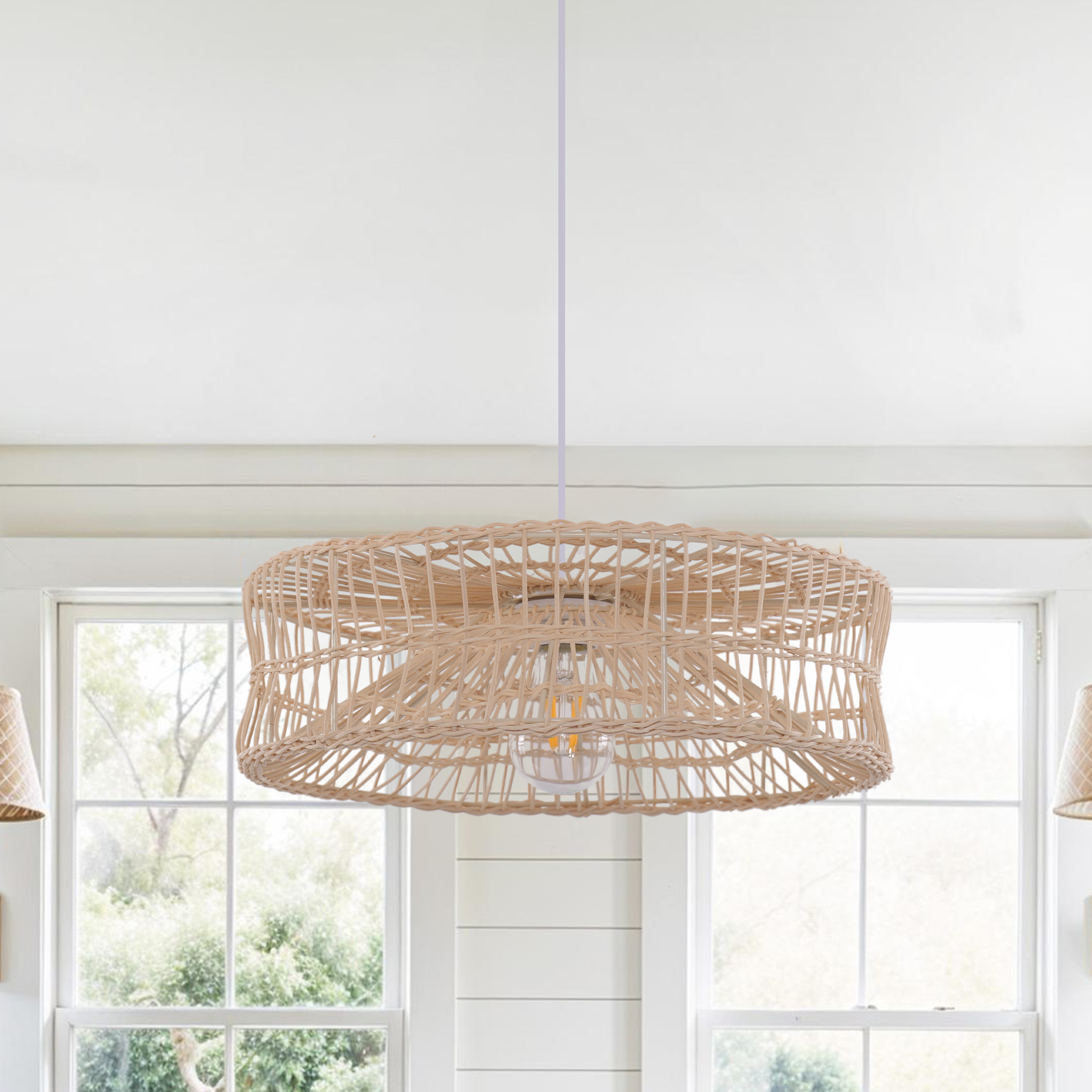 Shallow Rattan Pendant Light for Kitchen Island Dining Area or Reading Corner