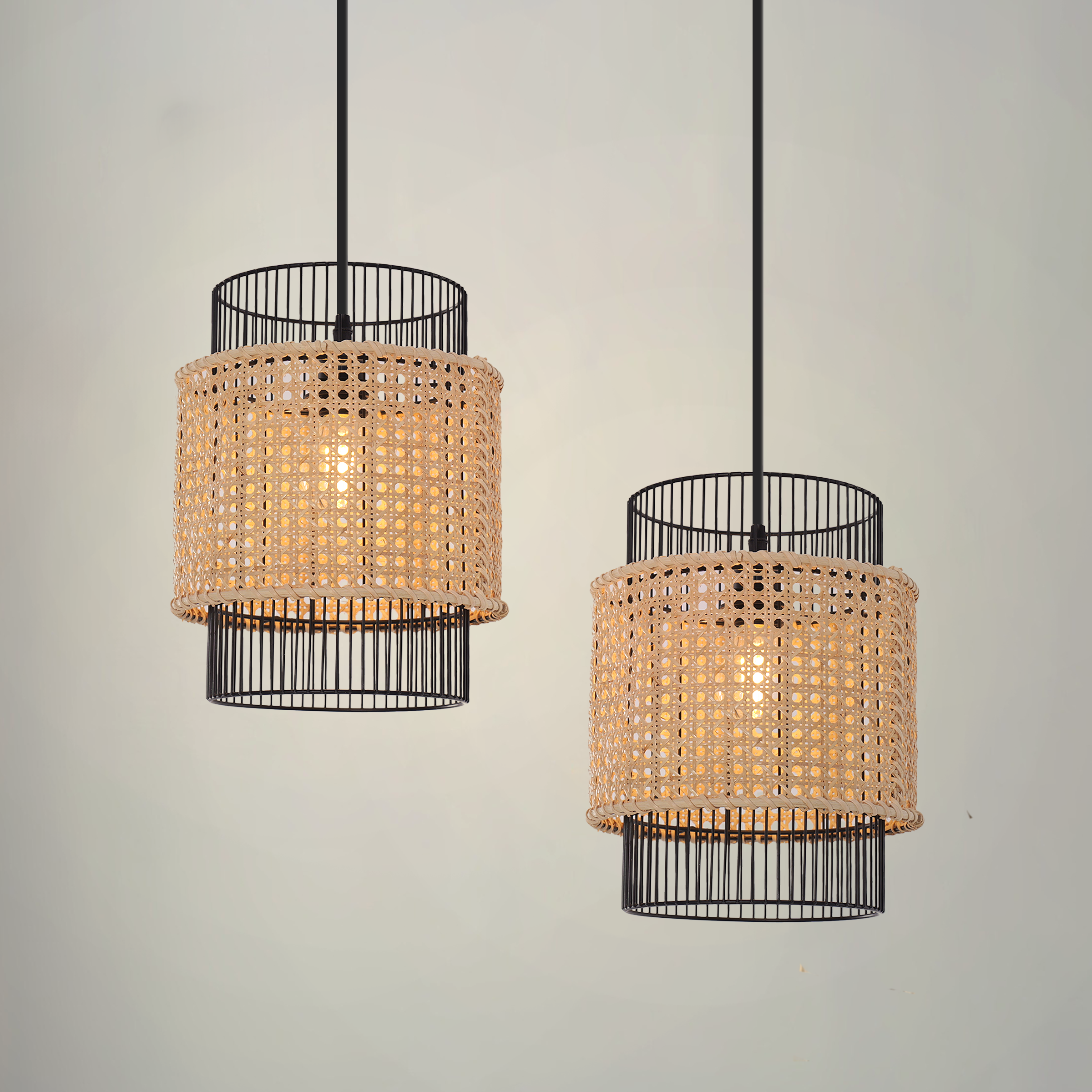 Elegant Black Frame with Handwoven Rattan Pendant Light