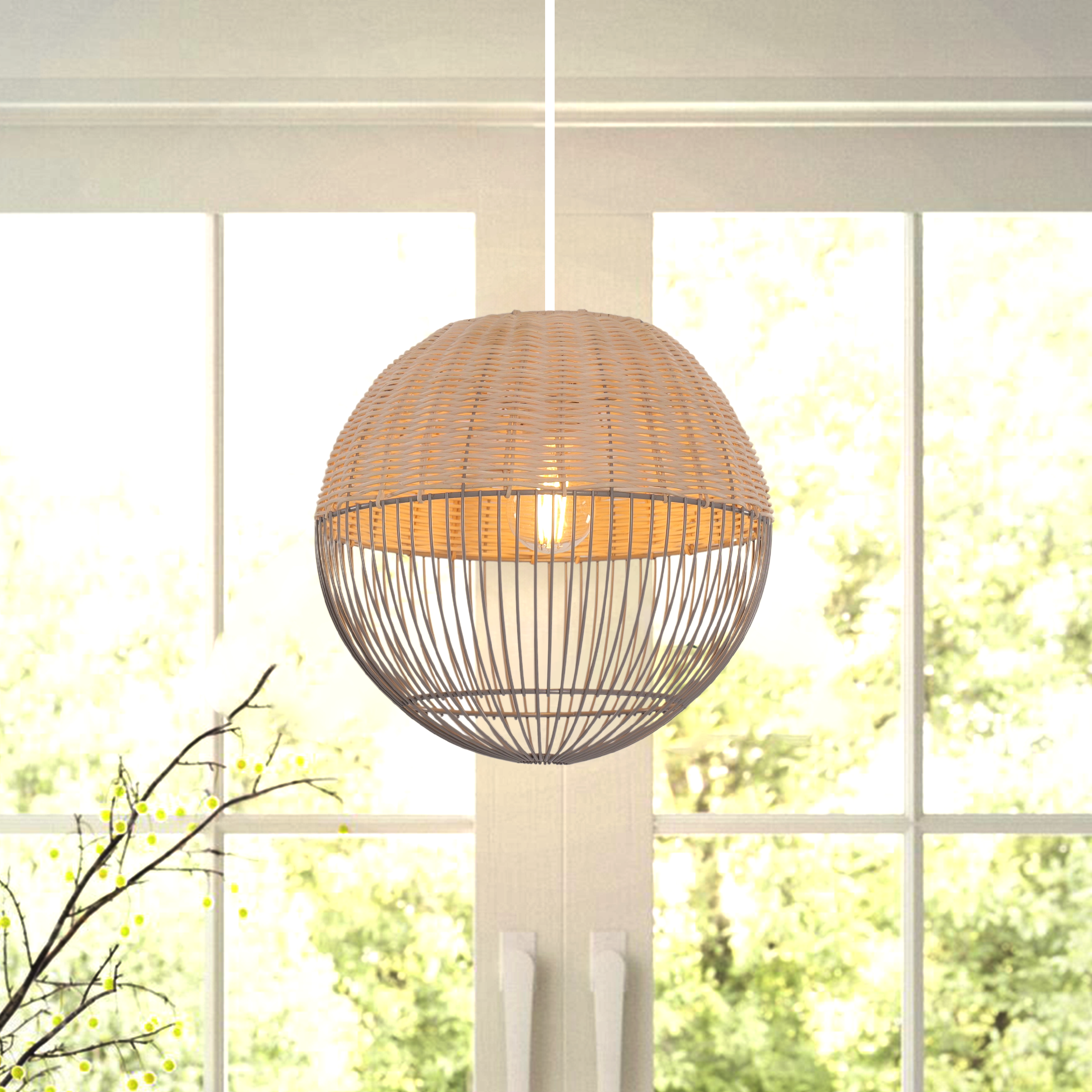 Glyph-Spherical Rattan and Iron Pendant Light for Living Room