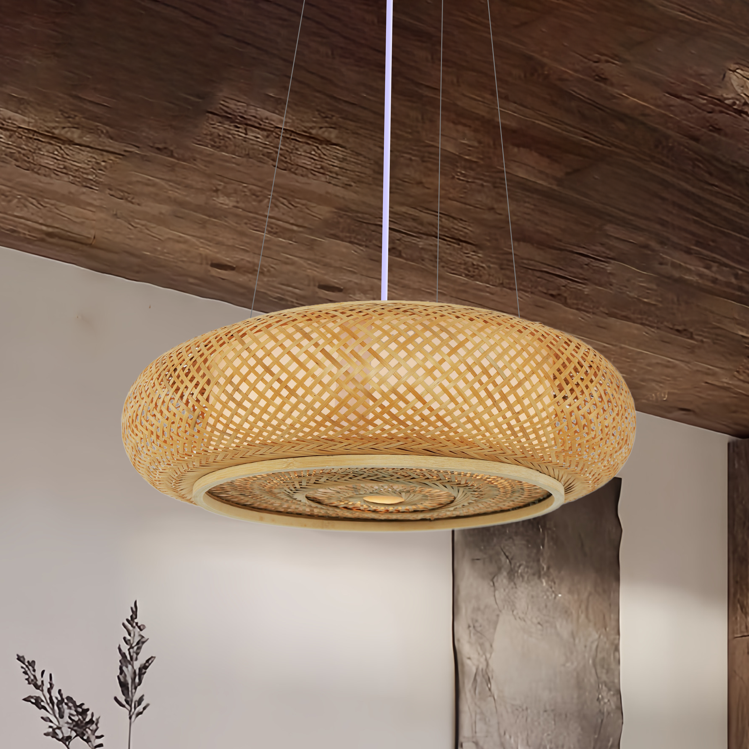 Lutta-Handcrafted Japanese-Style Natural Bamboo Finish Flat Rattan Ceiling & Pendant Light