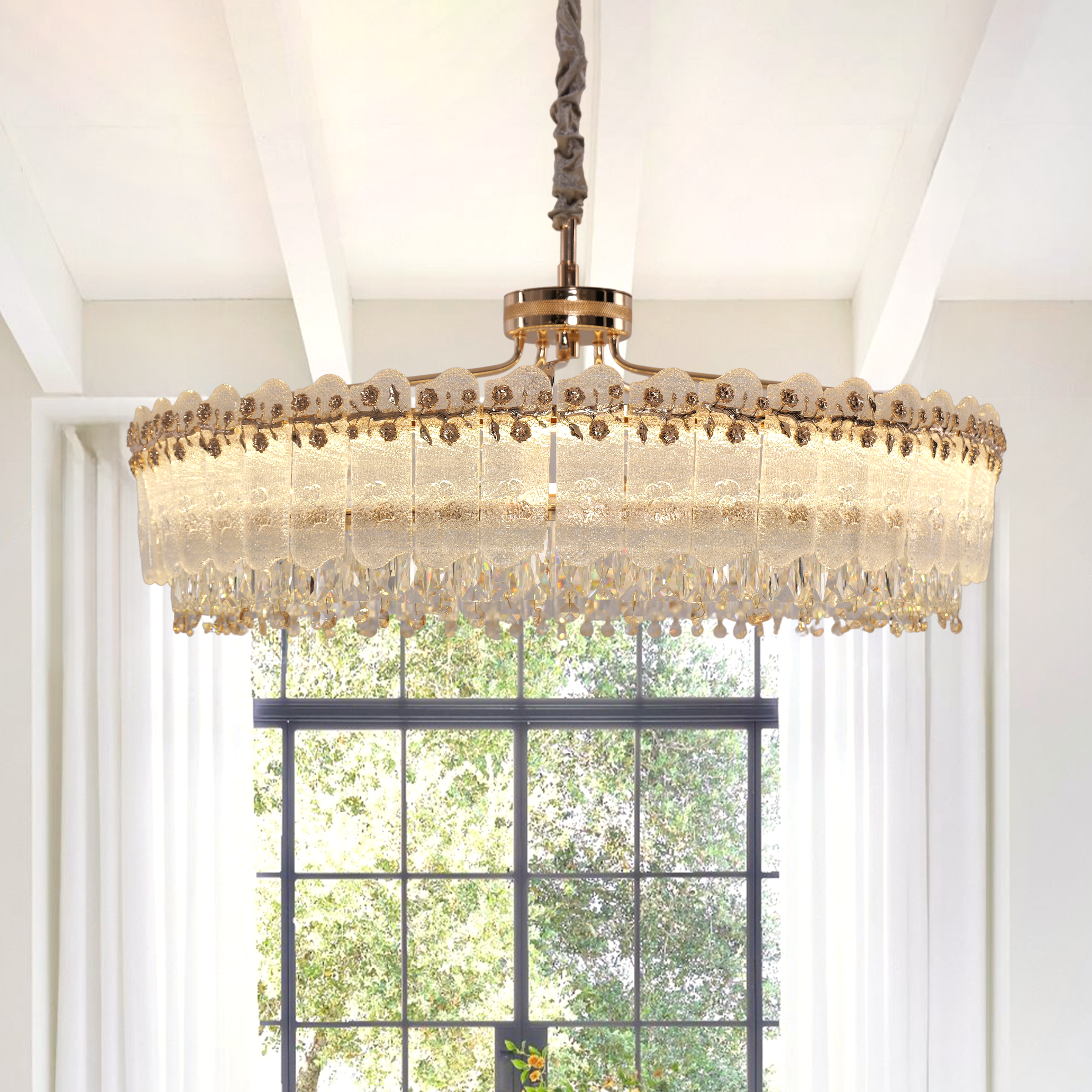 Contemporary Oval & Round Crystal Pendant Ceiling Light Dimmable Fixture