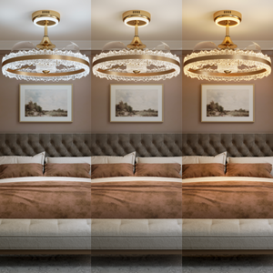 Warm, neutral and cool light comparison for a gold halo bedroom fan light