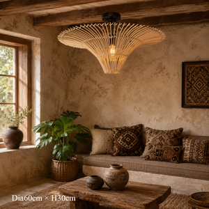 Handwoven Flying Saucer Rattan Pendant Light for Dining Room & Living pendant light in a living room