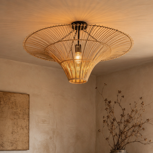 Handwoven Flying Saucer Rattan Pendant Light for Dining Room & Living pendant light in a living room