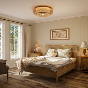 bamboo rattan ceiling light in a warm bedroom