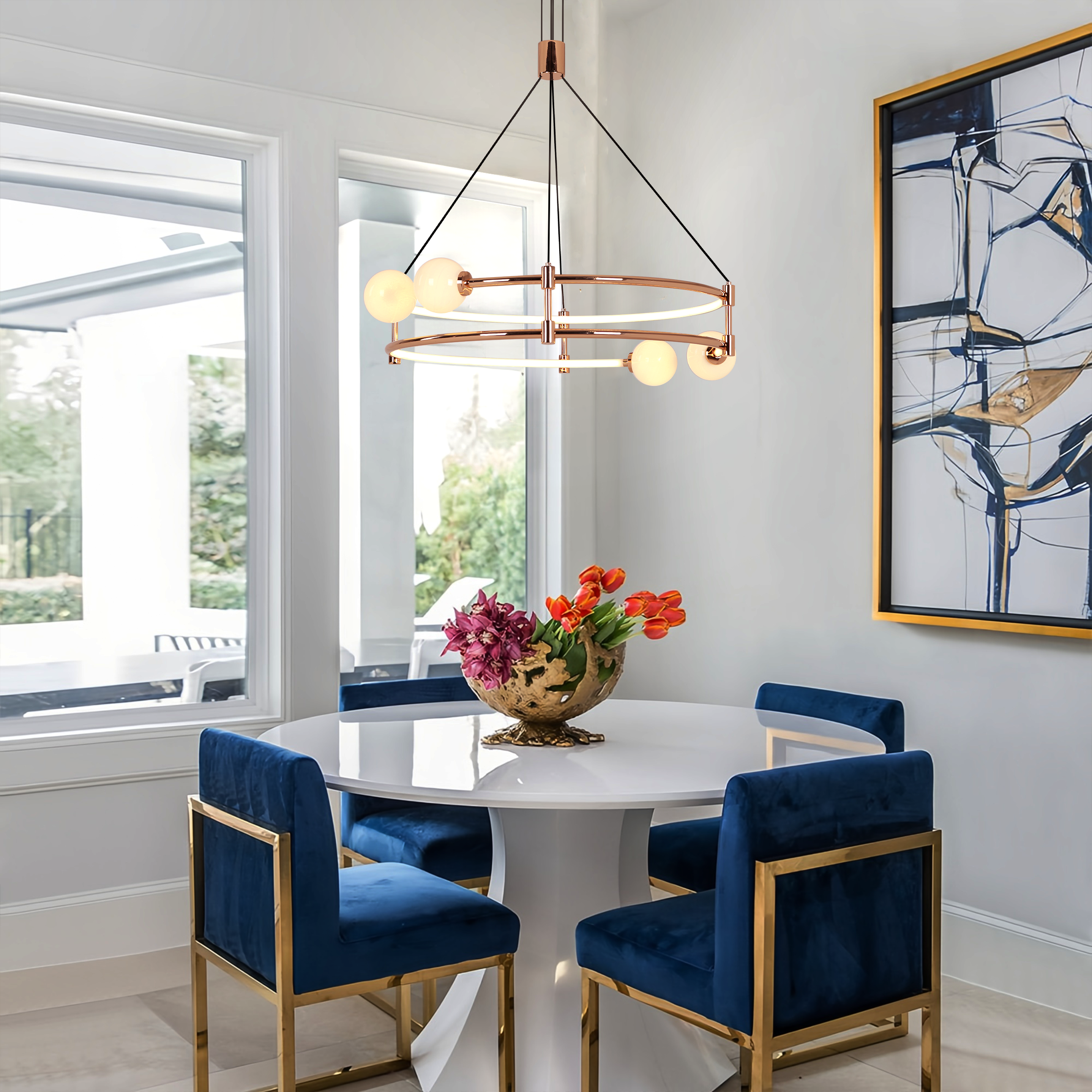 Elegant Gold Double-Ring Chandelier with Tri-Colour Lighting
